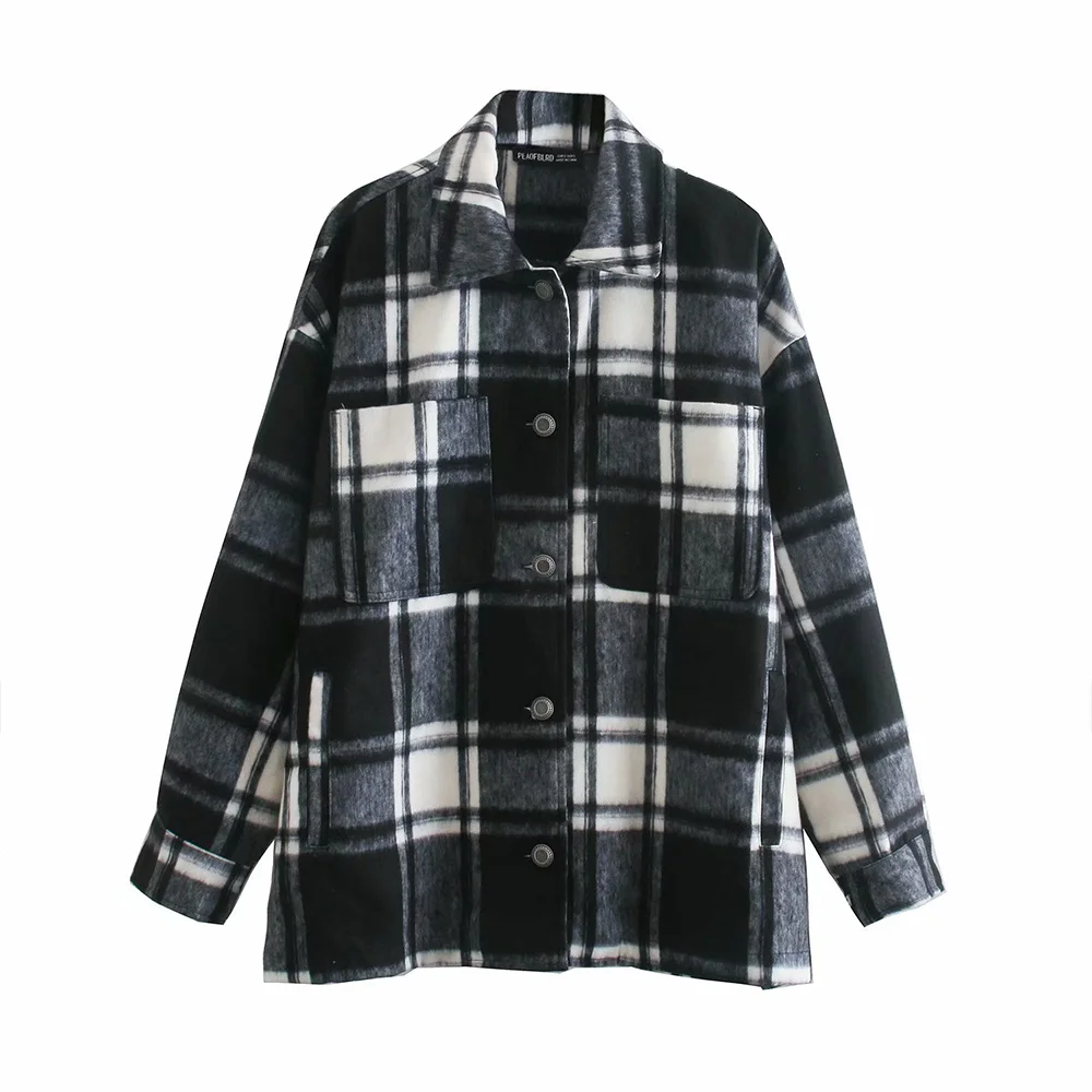 

2021New Warm Jacket Woman Loose Blended Turn Down Collar Buttons Pocket Long Sleeve Ladies Plaid Coat