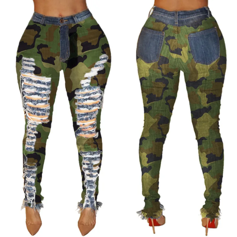 

Skinny Ripped Distressed Jeans For Women Camouflage High Waist Pencil Pants Scratched Burr Denim Trousers Calças Jeans Feminina