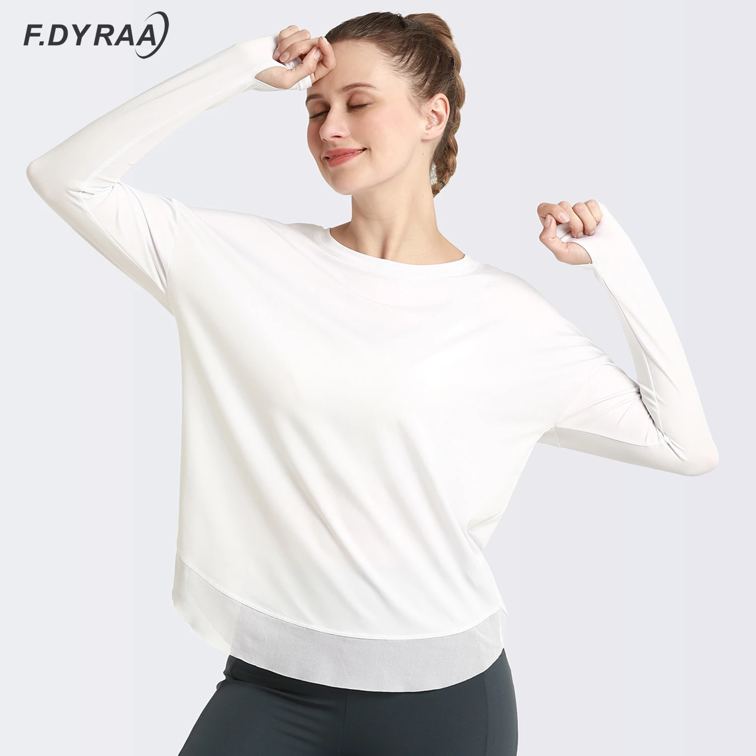 

F.DYRAA Women Long Sleeve Yoga Shirt Fitness Loose Gym Workout Quick Dry Sport Shirt Thumb Holes Mesh Running Fit Sportwear Top