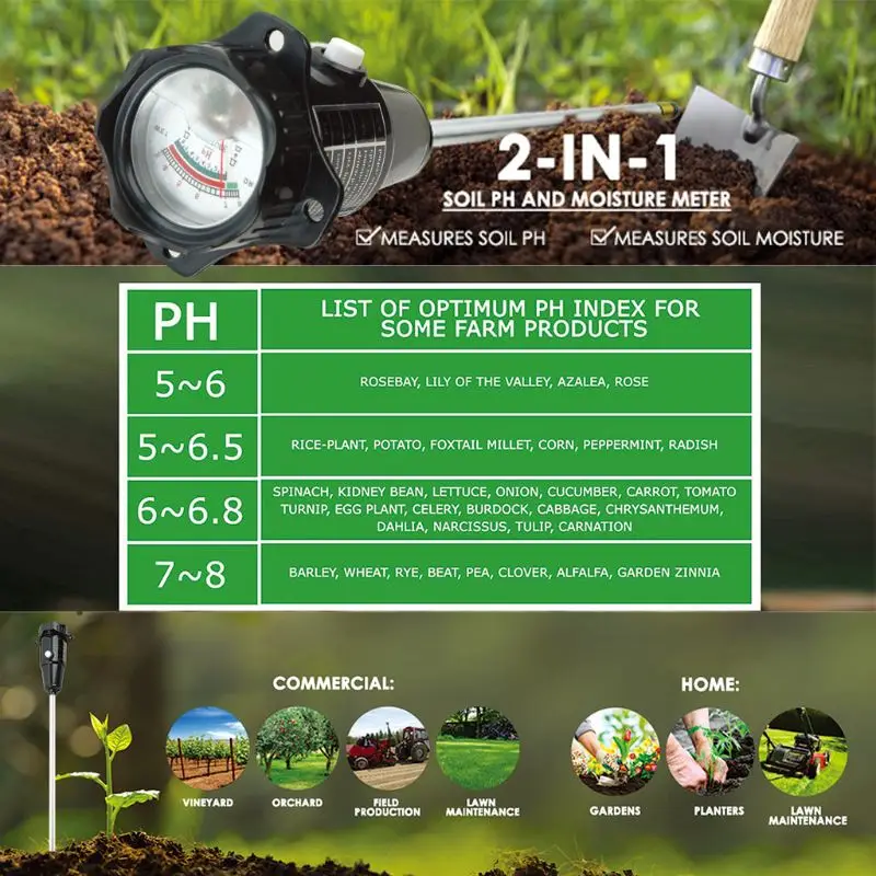 

11" 2 In 1 Long Probe Soil Meter pH Moisture Meter Soil Tester Self-Powered No-Battery-Need Monitor