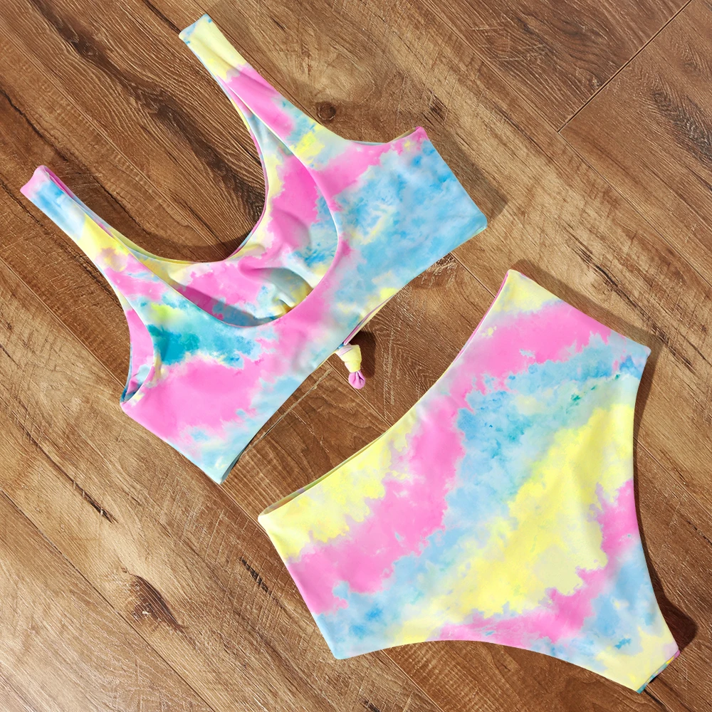 Купальный костюм с галстуком-краской бикини 2020 бандаж пуш-ап комплект высокой