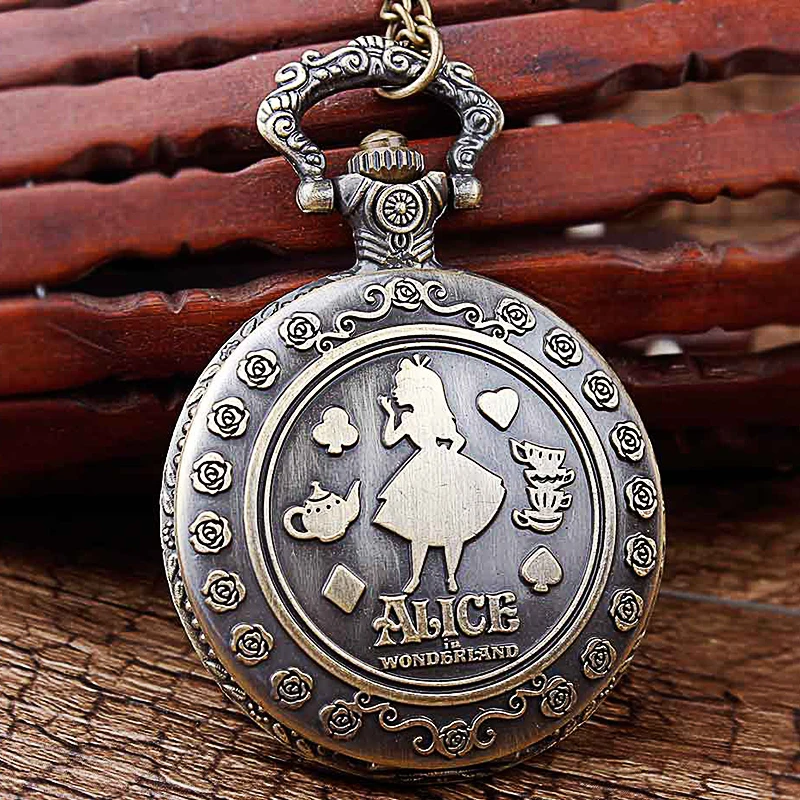 

Retro Vintage Alice In Wonderland Quartz Pocket Watch Necklace for Women Men Fob Chain Pendant Children's Gift reloj regarder