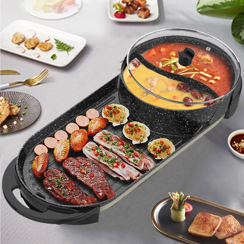 

2150W Electric Heating BBQ Household Grill 5 Gears Temperature Two flavor Hot Pot Smokeless Barbecue Electric Non-stick Machine