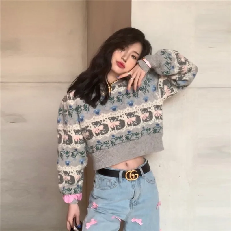 Женский короткий свитер 2019 модный жаккардовый вязаный с круглым вырезом пуловер