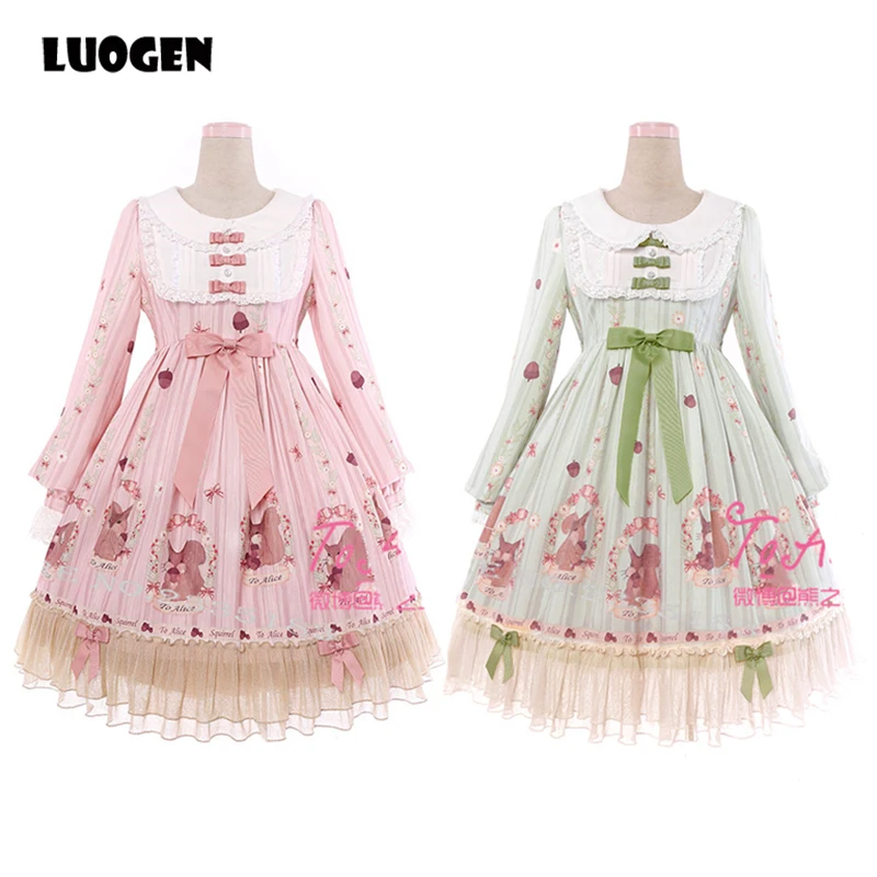 

Princess Lolita Dress Mori Style Squirrel Floral Printed High Waist Long Sleeve Lolita OP Party Dress