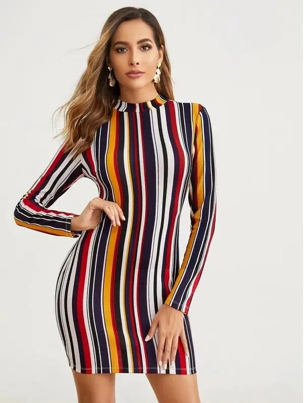Женское платье 2020 весенние платья в полоску с круглым вырезом и длинным рукавом