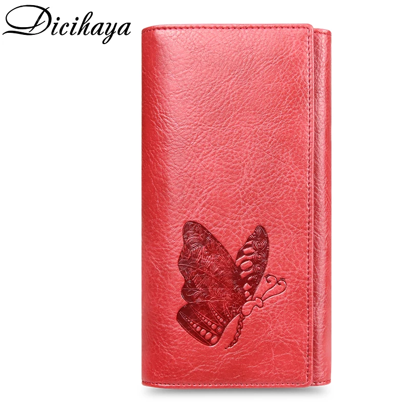 Удлиненный женский кошелек DICIHAYA из натуральной кожи тисненый узор с бабочками