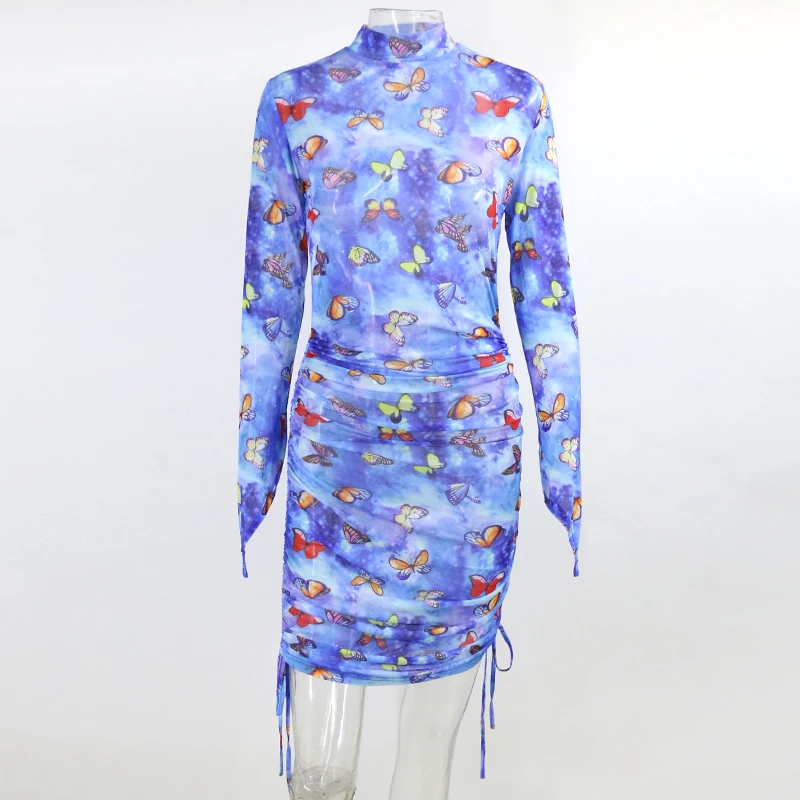 Женское прозрачное короткое платье с цветочным принтом длинным рукавом и