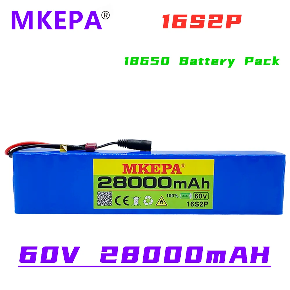

Newest 60V 16S2P 28Ah 18650 Li-ion Battery Pack 67.2V 28000mAh Ebike Electric Bicycle Scooter with BMS 1000 Watt Plug+Charger