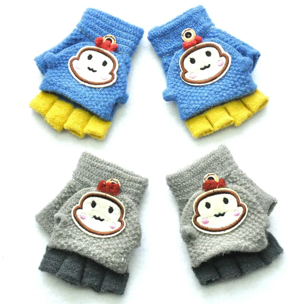 Детские зимние теплые лоскутные вязаные милые с веревочками перчатки пушистые