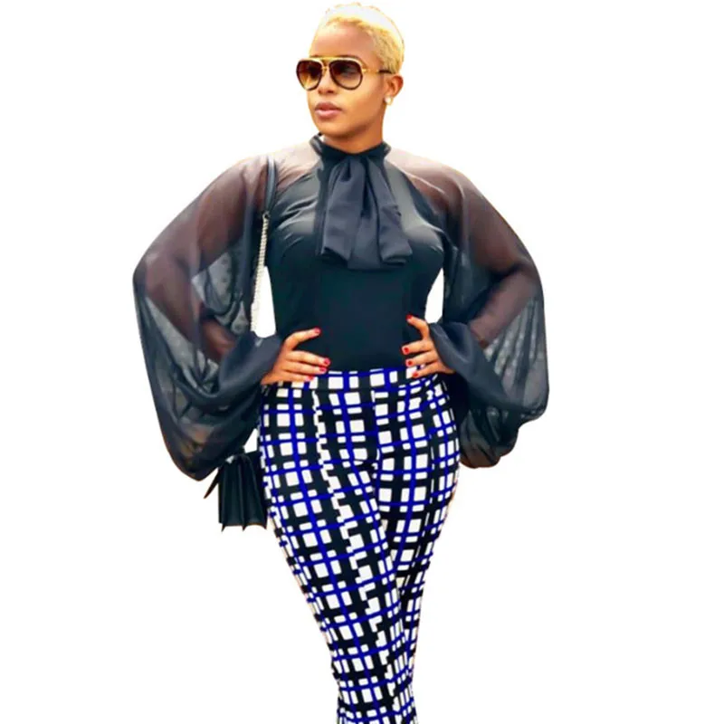 Black Office Lady Business Lantern Sleeve Blouse Shirt Women Bow Tie Streetwear Elegant Perspective Chiffon Tops and Blouses