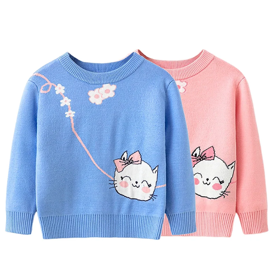 

Baby Girl Knit Sweater Kids Cartoon Cat Print Long-sleeved Sweater Top Pullover Children's Autumn Winter Warm Clothing 3-10Y