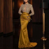 sparkly crystal mermaid evening dresses sequin long sleeves high neck prom dress ruched satin party gowns custom made