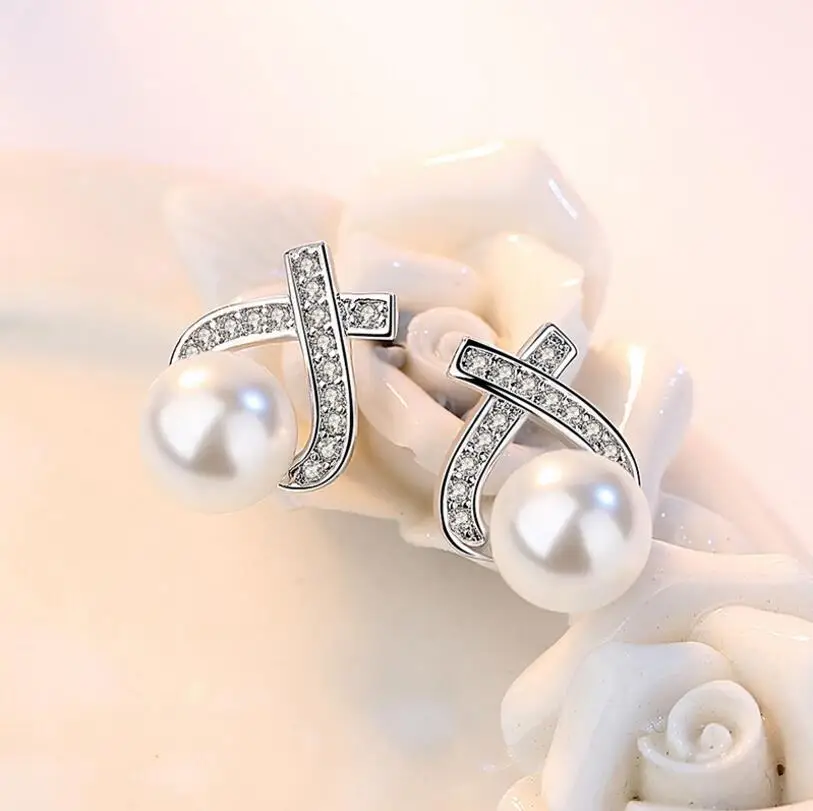 Простая Мода 925 Серебряный Цирконий Треугольник Имитация Жемчуга Серьги