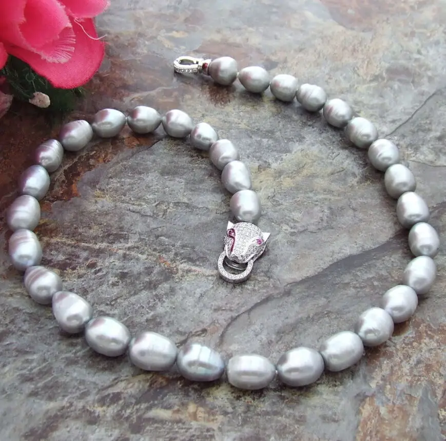 

10-13mm Natural Akoya SOUTH SEA GRAY PEARL NECKLACE 18'' LEOPARD CLASP