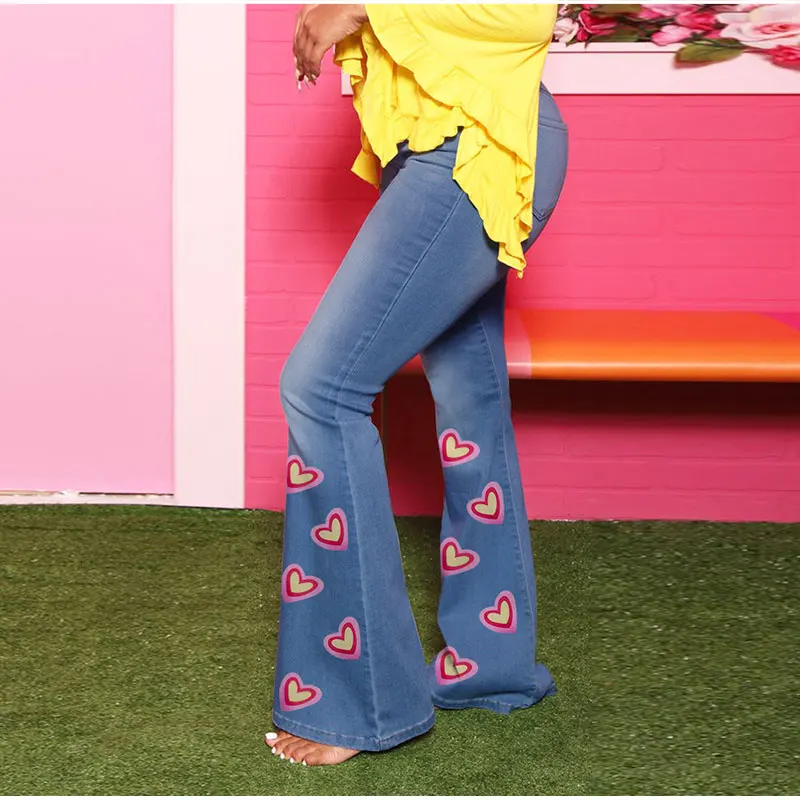 Женские широкие брюки Melody винтажные голубые расклешенные с принтом сердечек в