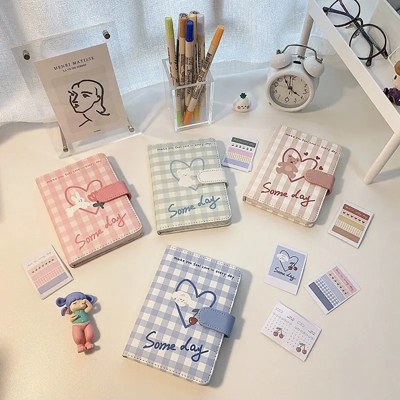 Korean Ins Cute Cartoon Magnetic Clasp Hand Account Book Girl Grid Notebook Pu Diary A6 Art Student Desk Storage Book