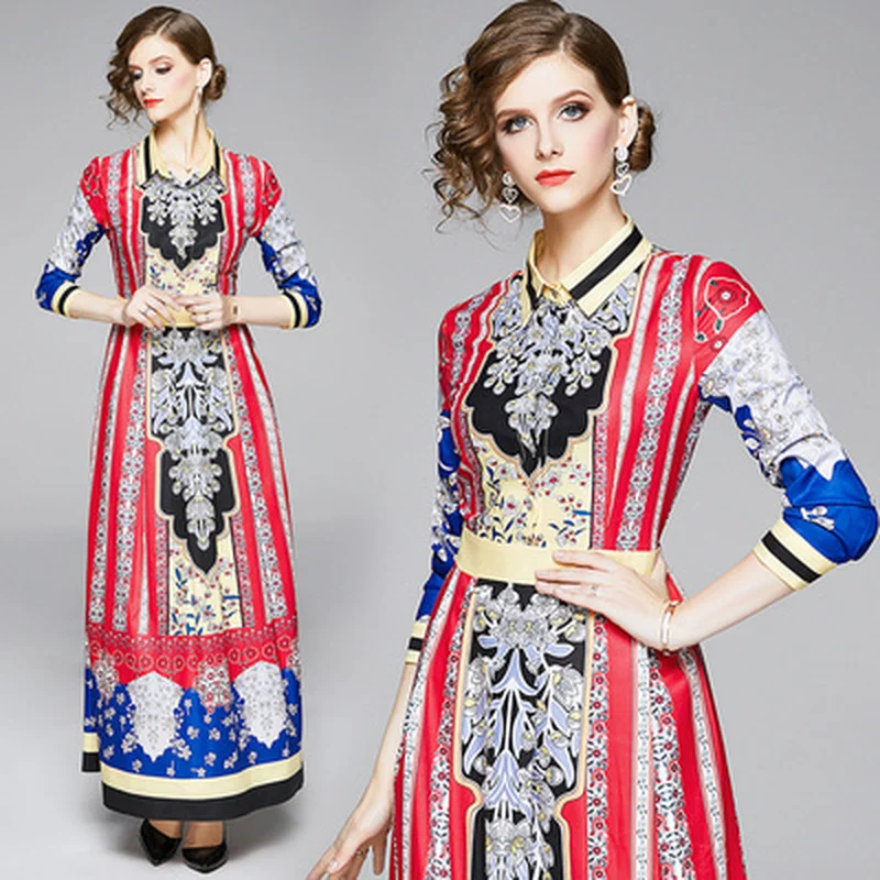 

Spring 2020 Ladies Runway Dress Long Sleeve Plus Size Vintage Print Dress Women Elegant Slim Maxi Dresses Vestidos