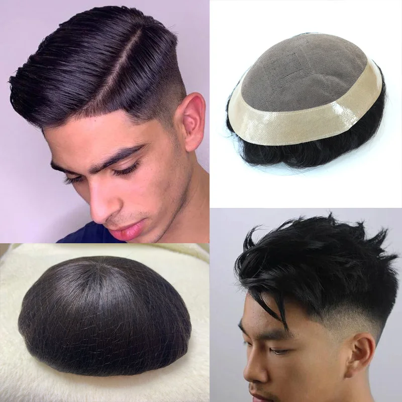 6*8  Durable Fine Mono Mens Hair toupee Replacement System 6 inch Indian Human Hair Toupee Hair Denstiy Soft Mono Wig For Men