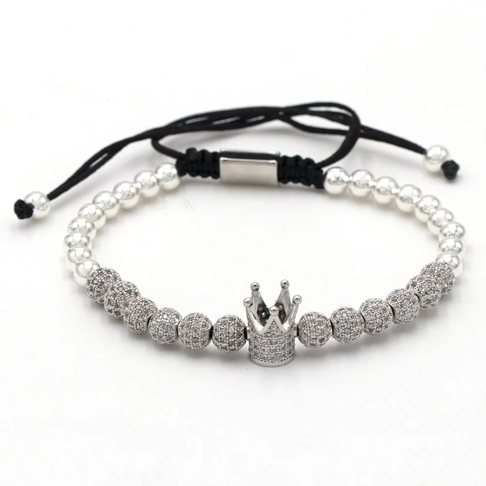 6mm CZ ball silver Мода роскошный Римский Королевский браслет с шармом с короной для мужчин Золотой Плетеный Регулируемый мужской браслет для хип хоп ювелирный подарок - Metal Color: 6mm CZ ball silver