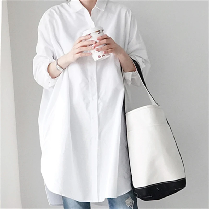 

Women's Casual Buttoned Solid Color Shirt Spring And Autumn Polo Collar Mid-length White Shirt Loose Long-sleeved Shirt