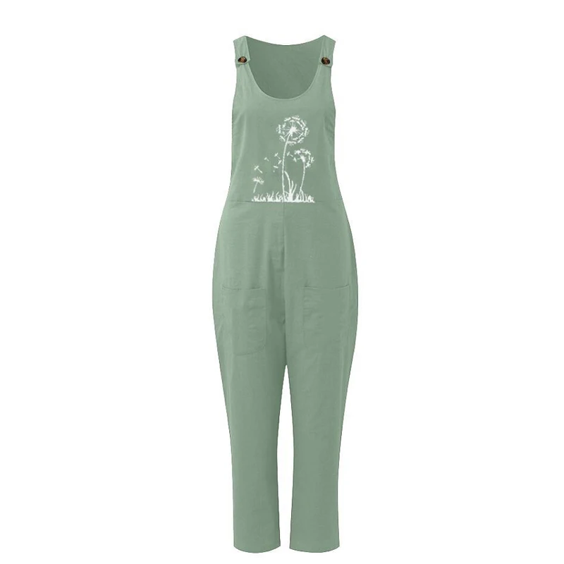 

3XL Dandelion Print Cotton Linen Women Jumpsuit Summer Elegant Button Strappy Backless Bodysuit New Pocket Loose Trousers Romper