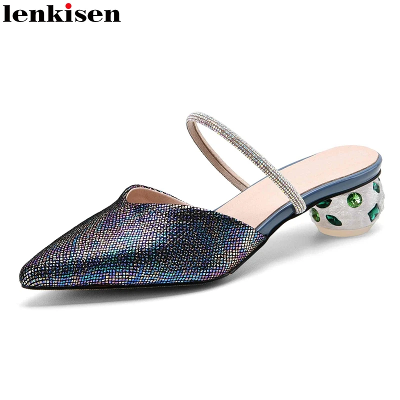 

Lenkisen sheep leather rhinestones bling slip on pointed toe med strange crystal heels mules shiny gentlewomen women pumps L81