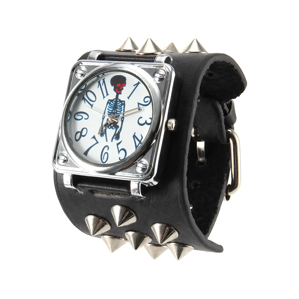 Женские и мужские кварцевые наручные часы с широким циферблатом заклепками в