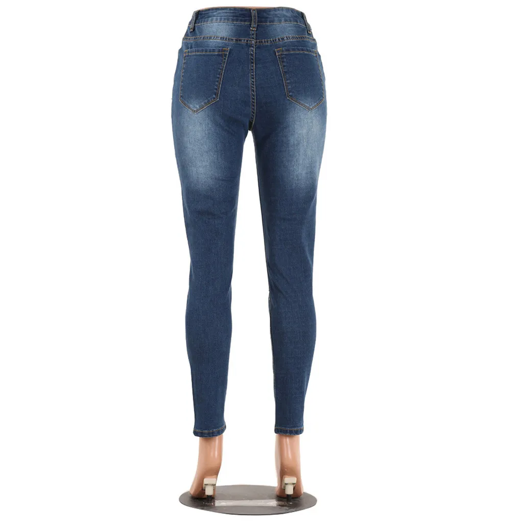 2019 Fashion autumn summer women's jeans Casual High-rise slim New dark blue Hole casual stretch Skinny L0819 | Женская одежда