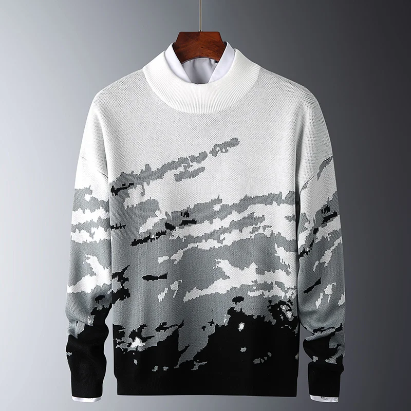 

Men's Sweater Camouflage Knit Round Neck Pullover Men Jumper Autumn Knitted Sweaters High Quality Cashmere Sweater Gray Black