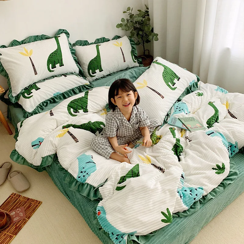 2020 winter Magic Fleece warm bedding set 3 or 4pcs/set fitted sheet duvet cover flannel fleece ruffles contrast color flat | Дом и сад