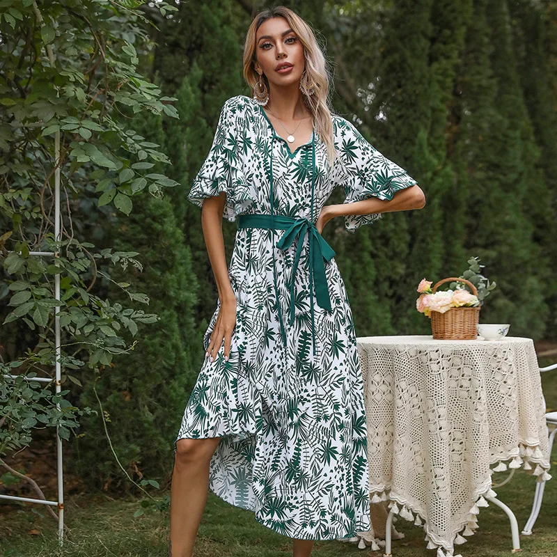 

Amazon cross border trade summer 2021 new European and American Printing V-neck lotus sleeve lace up dress for women