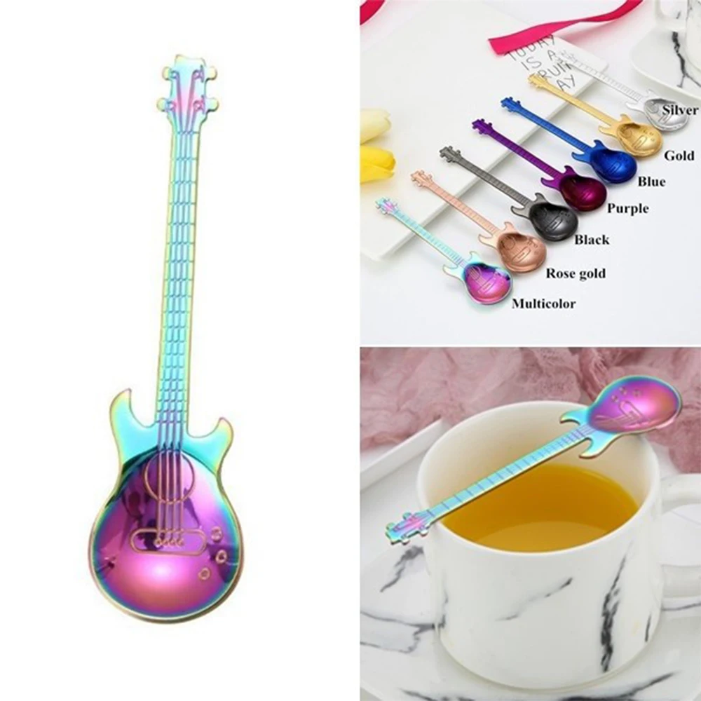 

Stainless Coffee Tea Spoons Stainless Steel Made Guitar Shape Rainbow Flatware Drinking Tools