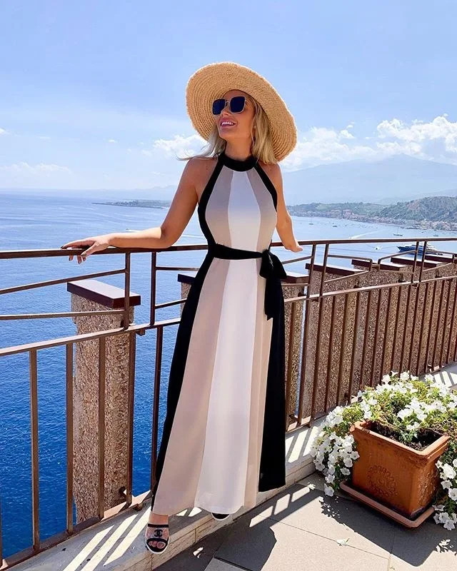 

2019 European and American Autumn New Women's Dress Hot Sexy Sleeveless Halter Color Matching Dress