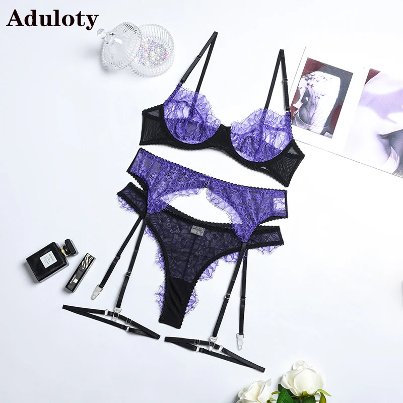 

Aduloty New Purple Embroidery Hollowed Out Sexy Women's Underwear Perspective Temptation Eyelash Edge Garter Erotic Lingerie