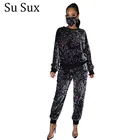 Осенне-зимний комплект из 2 предметов с блестками, Женский Повседневный Спортивный костюм, блестящий пуловер с круглым вырезом и брюки-карандаш, костюм, женский костюм