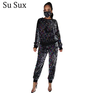 Осенне-зимний комплект из 2 предметов с блестками, Женский Повседневный Спортивный костюм, блестящий пуловер с круглым вырезом и брюки-карандаш, костюм, женский костюм