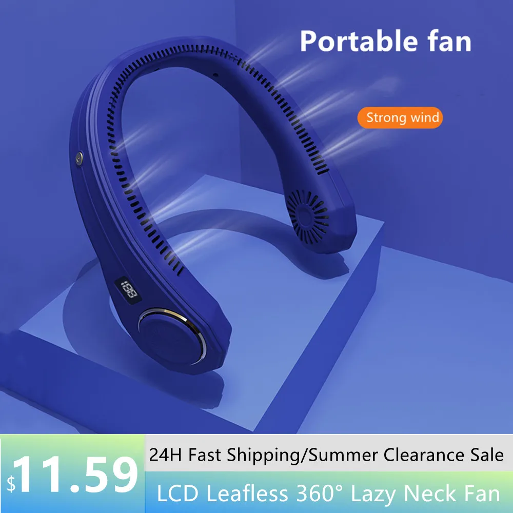 

Портативный веер для шеи без листьев с ЖК-дисплеем, 360 °, для ленивых, с шейным ободом, объемный спортивный вентилятор, 4000 мА/ч, перезаряжаемый...