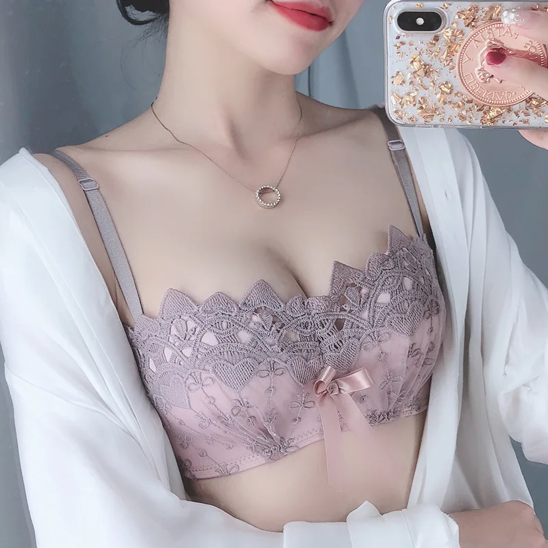 

Sexy Lace Embroidery Small Chest Gather Bras Women Soft Breathable Underwear Heighten Side Removable Strap Push Up Brassiere