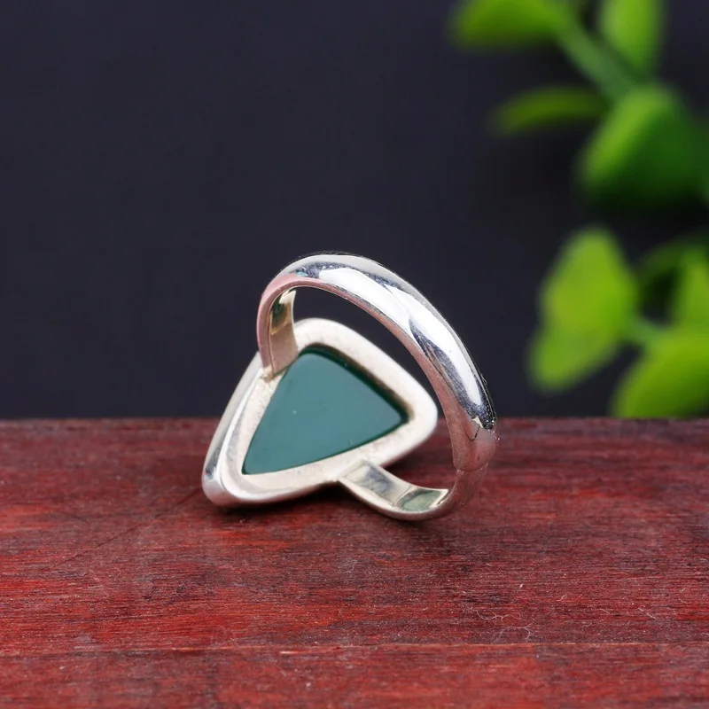 

New S925 Sterling Silver retro fashion cut blue sandstone Topaz Green Agate triangle opening ring for women