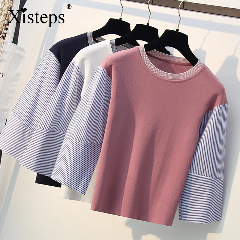 

Женский трикотажный свитер Xisteps, свободная рубашка с рукавами-фонариками, в полоску, с круглым вырезом, в стиле пэчворк, 2021