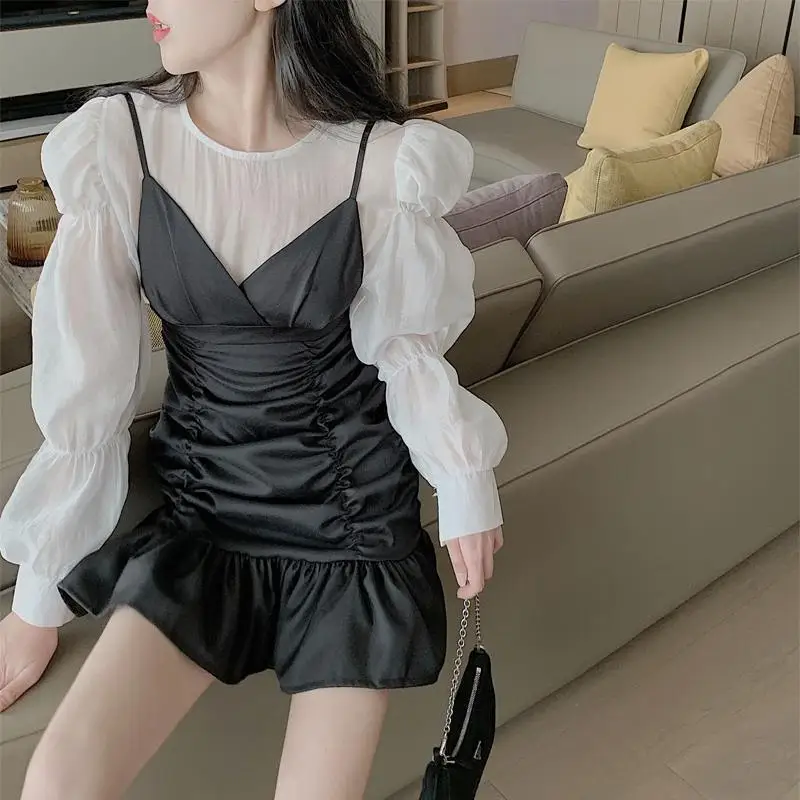 

Summer fashion set ruffled lotus leaf side sling dress women's and round collar bubble sleeve shirt two-piece set