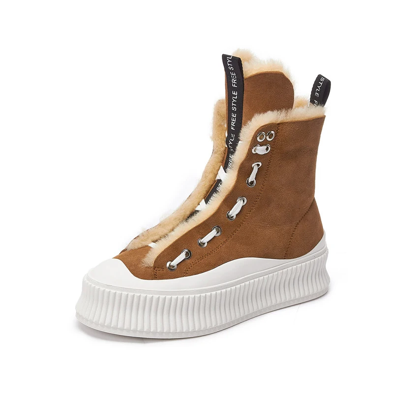

Meotina Genuine Leather Snow Boots Women Flat Platform Ankle Boots Lace Up Short Boots Round Toe Female Shoes Fur Winter Yellow
