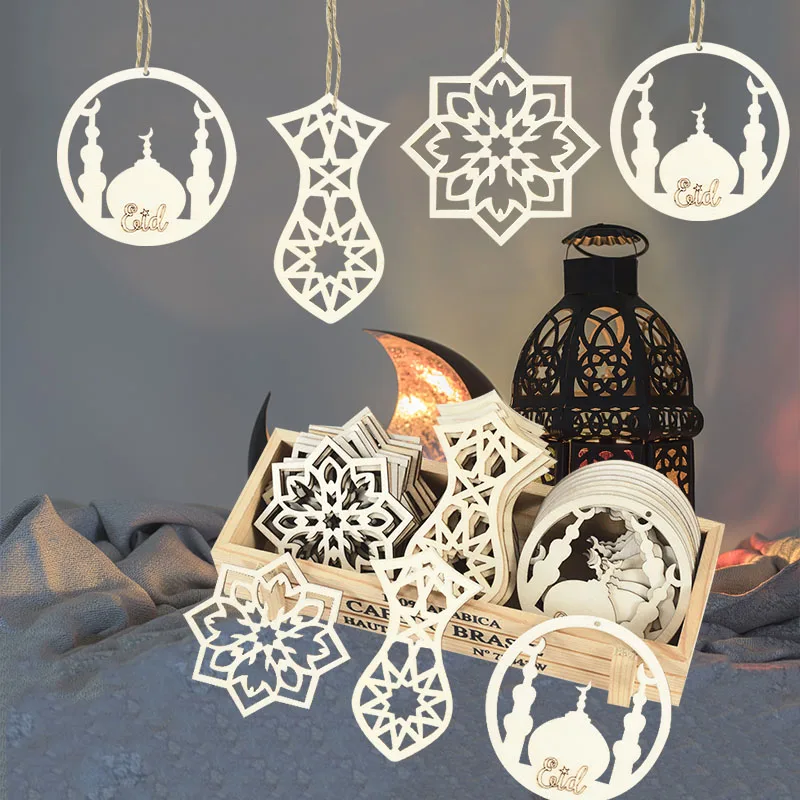 

10pcs Wood Eid Mubarak Hanging Pendants Ornament Ramadan DIY Eid Mubarak Decoratio Hajj Mubarak Party Supplies Eid Al-Fitr Decor
