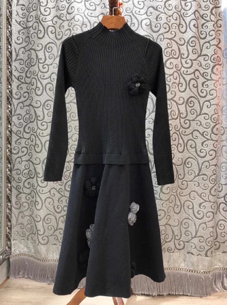 

Женское трикотажное платье-свитер, теплое шерстяное платье с цветочной аппликацией и длинным рукавом, серого и черного цвета, зима 2019