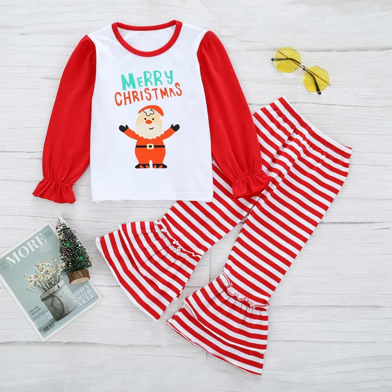 

Spring Autumn New Children's Girls Boys Suit Letter Cartoon Merry Christmas Print Long-sleeved Tops Striped Trousers Kids Suit