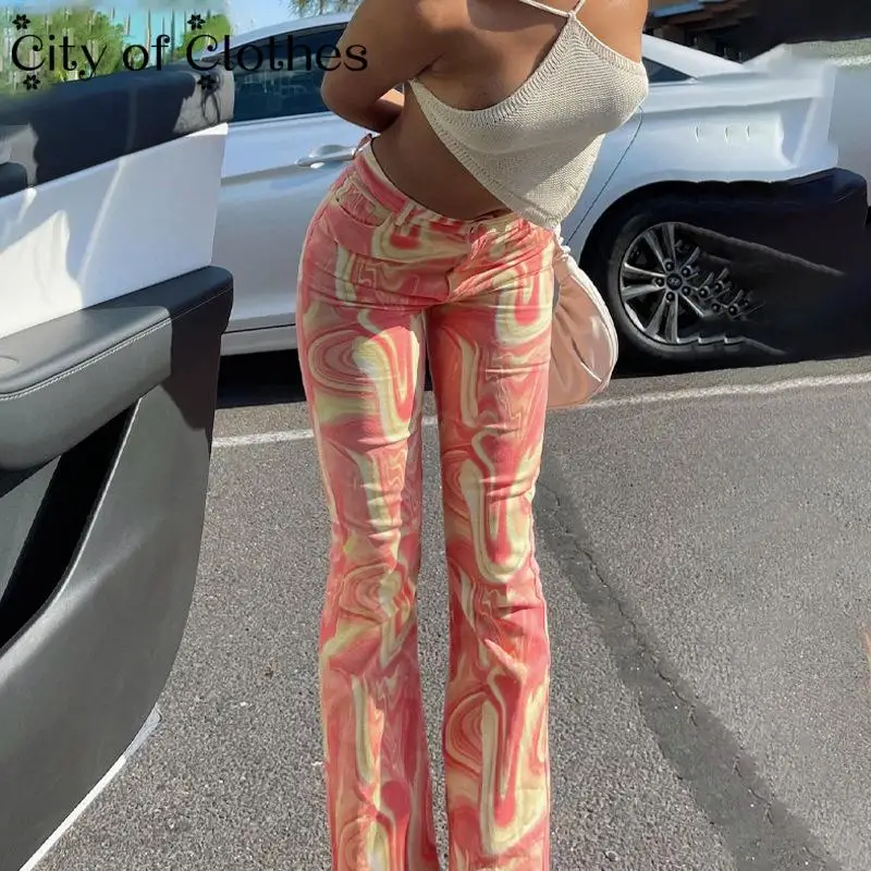 

Y2K Wave Cut Color Flared Women Casual Print Pant Ladies Hight Waist Long Pants Loose Skinny Trousers Summer 2021 Streetwear