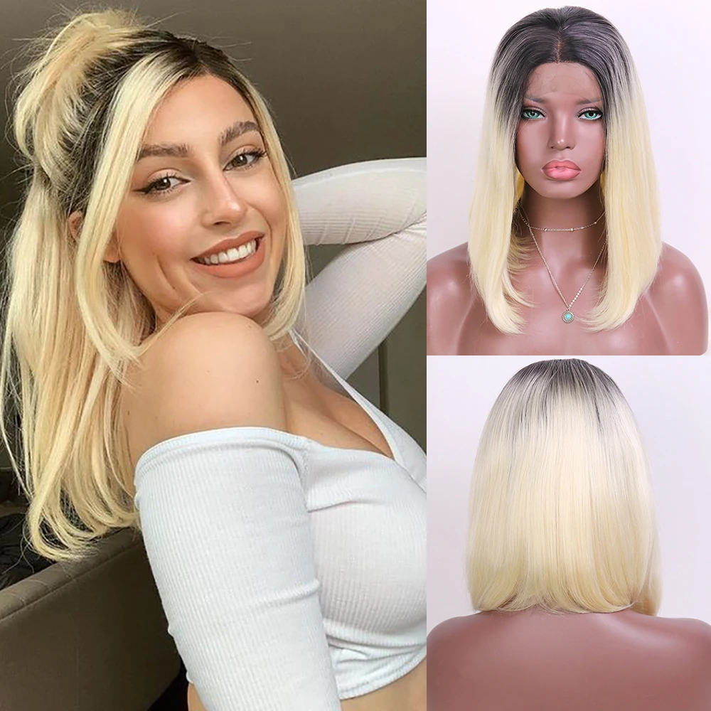 

Парик Aiva из термостойких синтетических волос, фронтальный, без клея, прямой, с эффектом омбре, блонд, короткий, для косплея, Боб, для чернокож...