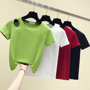 Женская футболка с заклепками, летняя хлопковая футболка с коротким рукавом, корейская мода