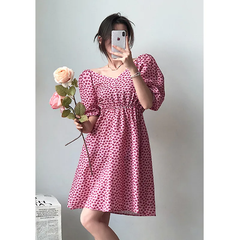 

New Retro Puff Sleeve Floral Dress Female Summer 2021 Fashion Design Sense Ladies Slim Casual A-Line Dress